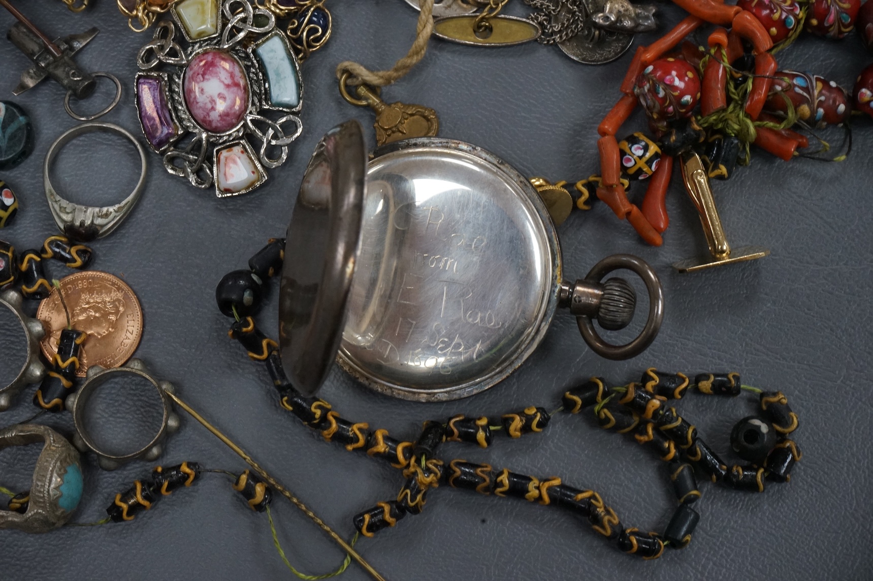 Group of mixed costume jewellery and other items including a George IV mourning brooch and a Swiss 935 standard white metal silver half hunter keyless pocket watch.